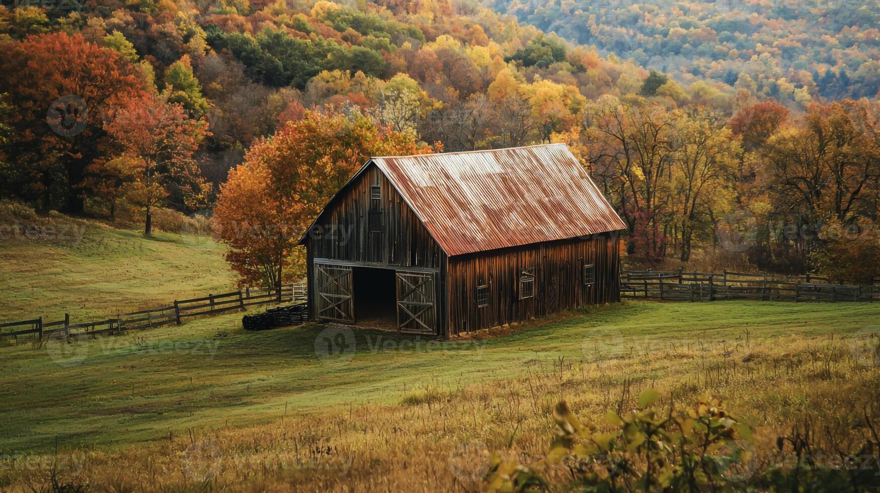Rustic barn surrounded by picturesque landscape photo