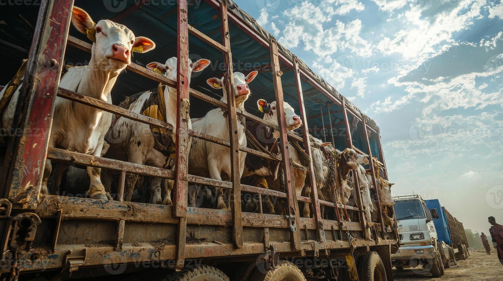 Livestock being loaded onto truck for transport. Livestock transport in a countryside setting photo