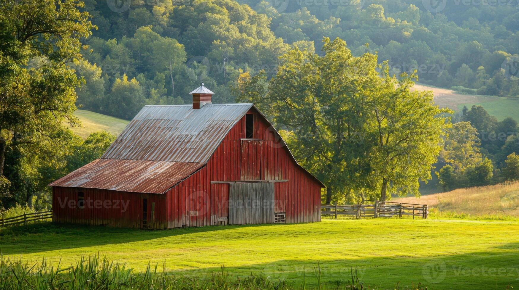 Rustic barn surrounded by picturesque landscape photo