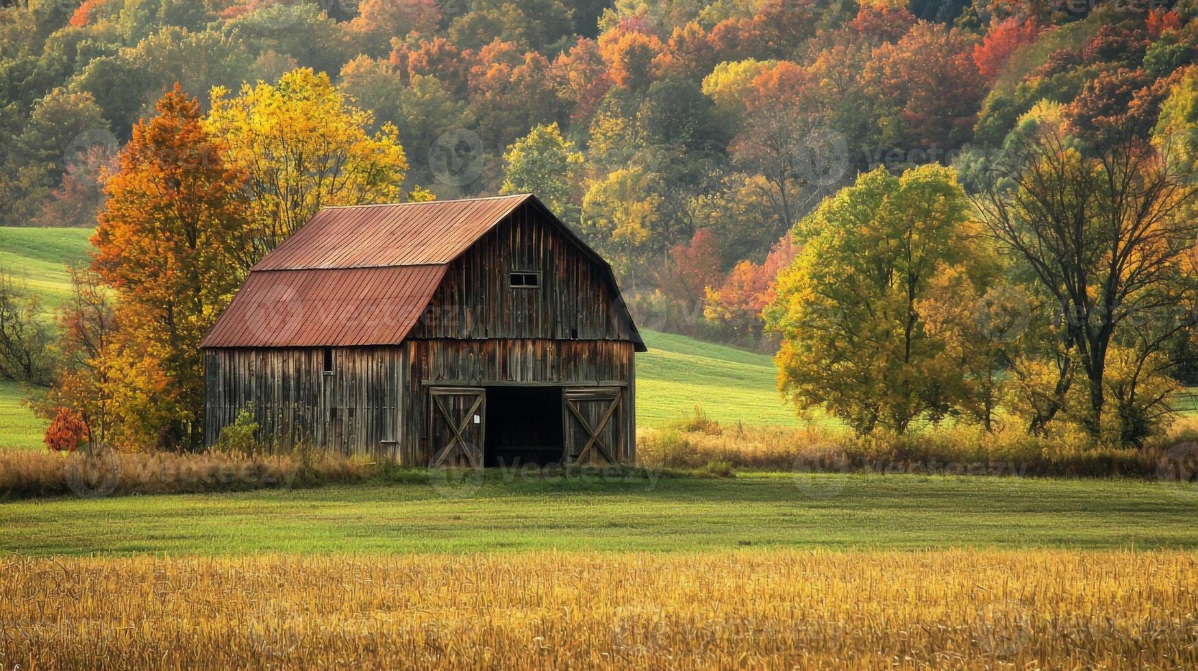 Rustic barn surrounded by picturesque landscape photo
