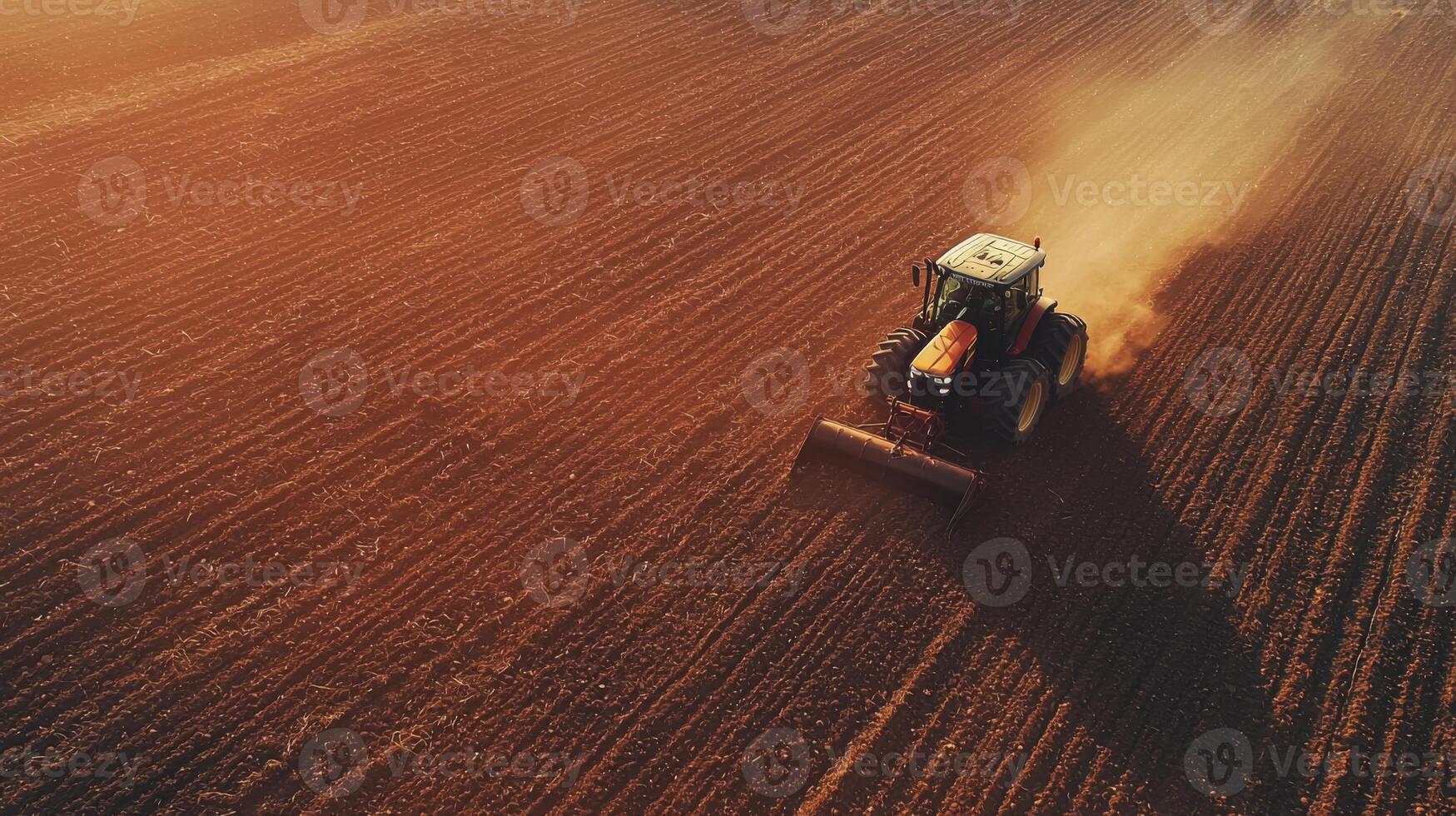Tractor plowing field during planting season. A tractor cultivator cultivates and digs the soil photo