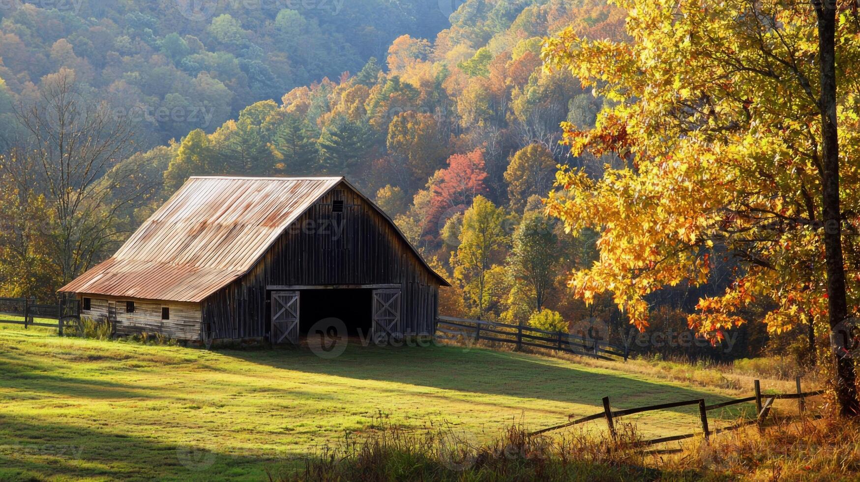 Rustic barn surrounded by picturesque landscape photo