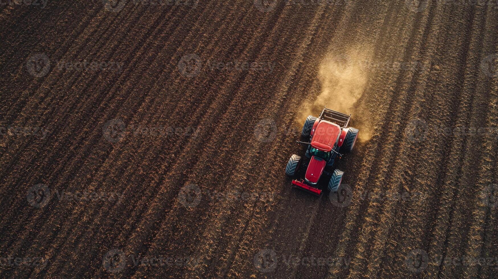 Tractor plowing field during planting season. A tractor cultivator cultivates and digs the soil photo