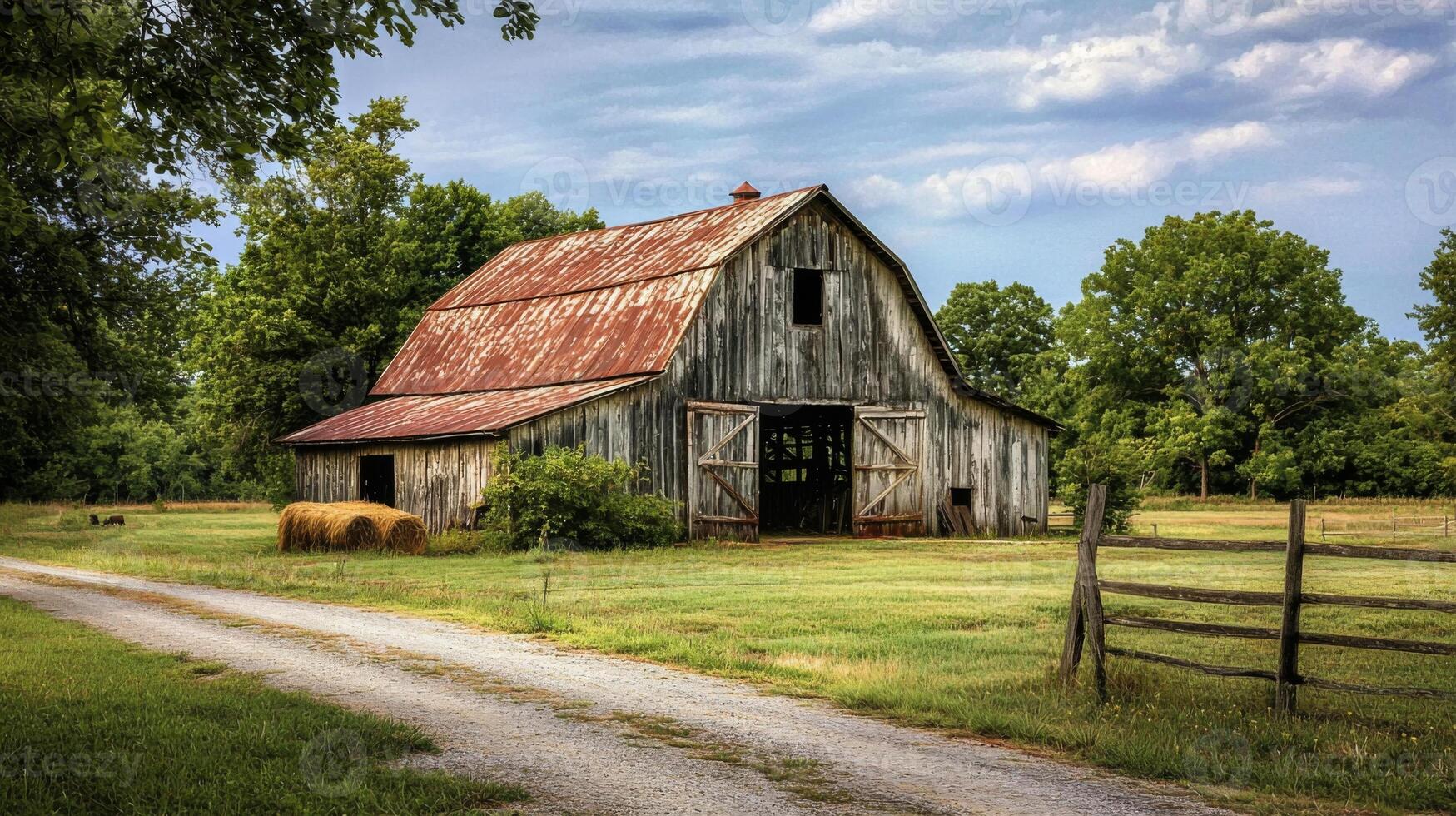 Rustic barn surrounded by picturesque landscape photo