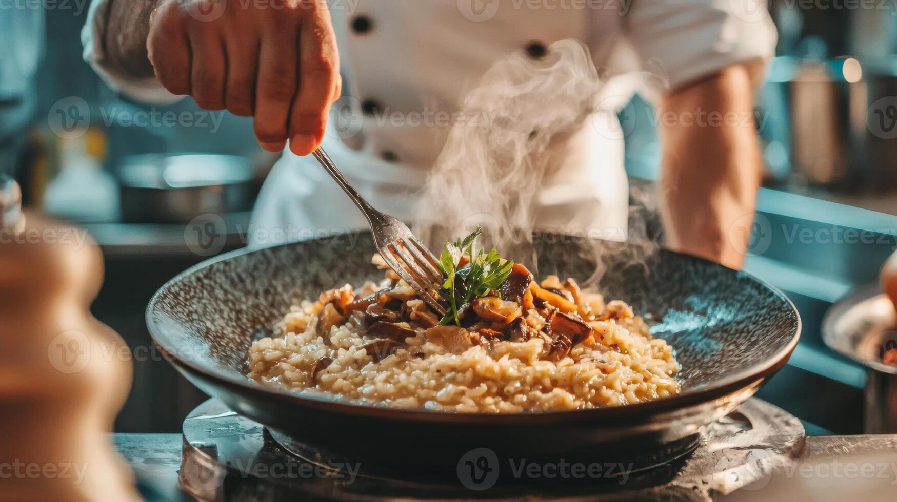 The chef prepares Risotto with mushrooms. Risotto with mushrooms is served in an elegant plate photo