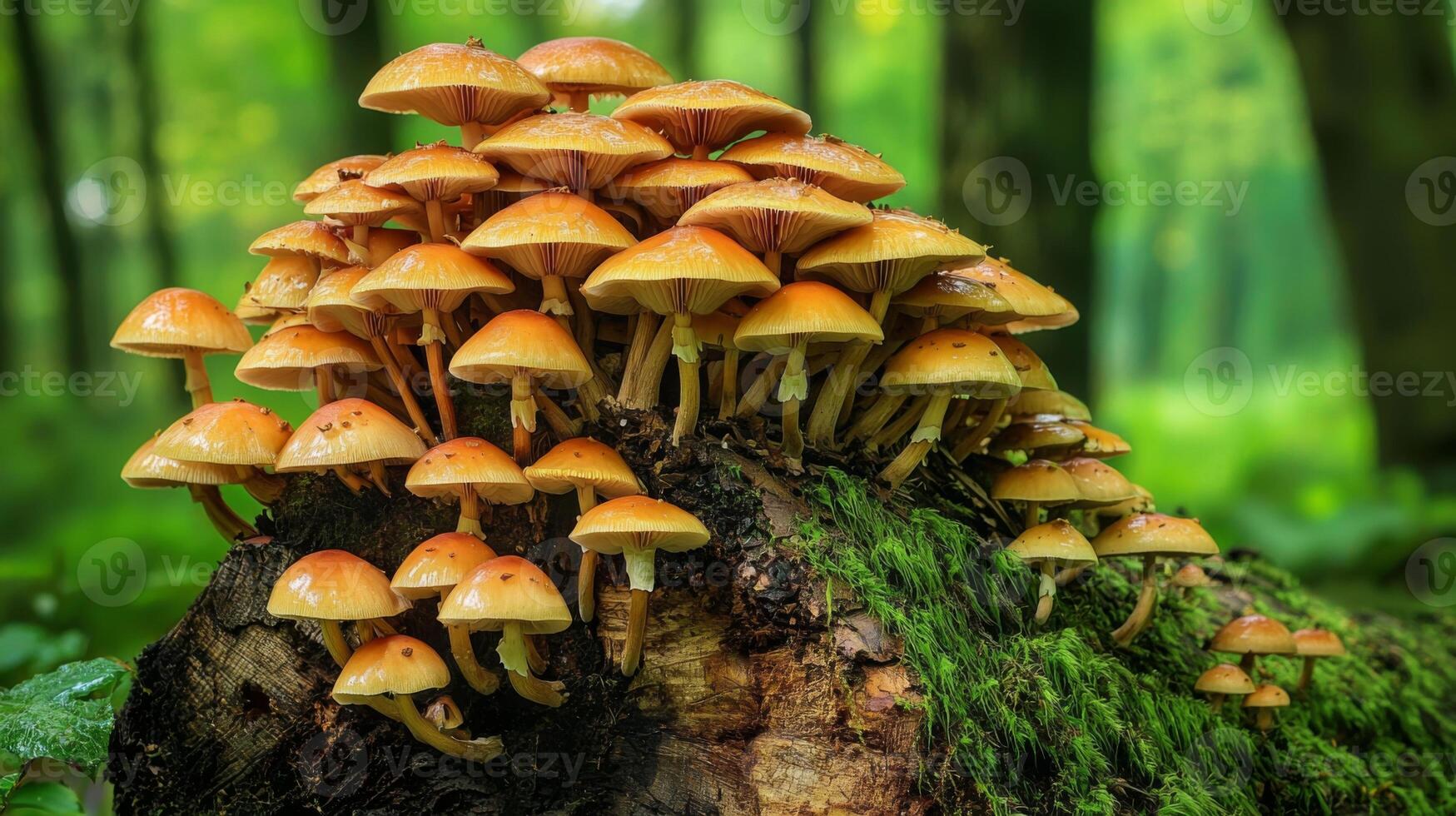 A forest scene with mushrooms growing on a fallen log, surrounded by moss and leaves photo