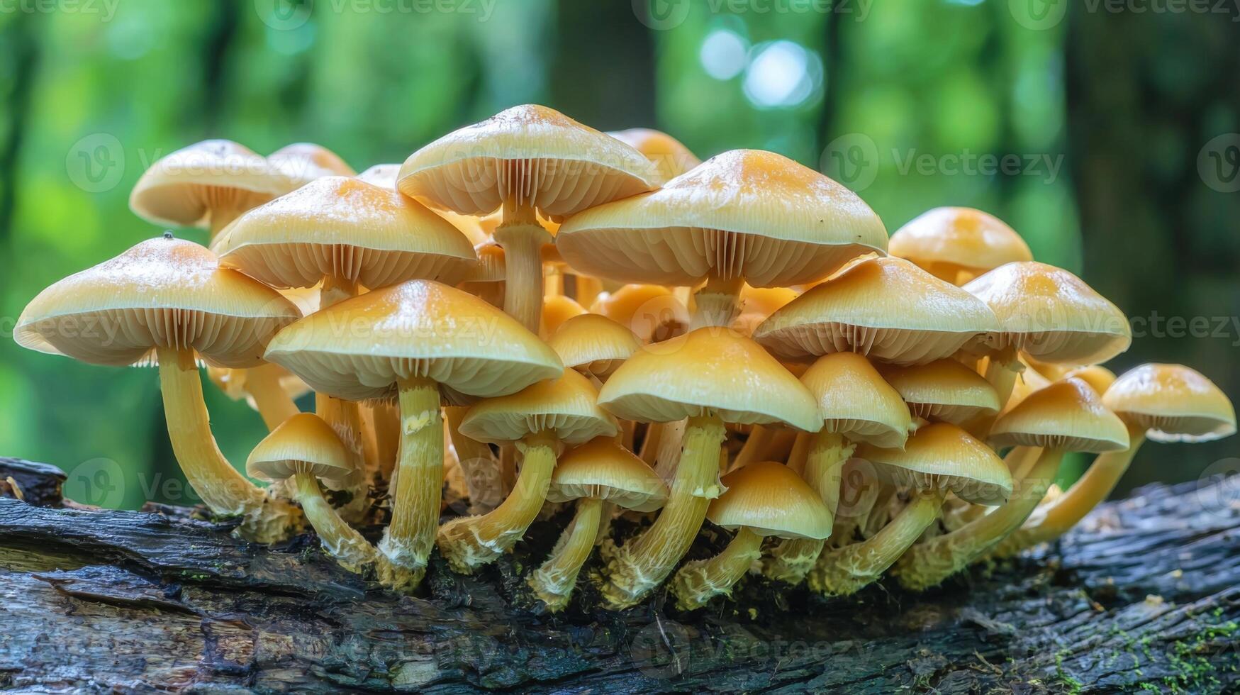 A forest scene with mushrooms growing on a fallen log, surrounded by moss and leaves photo