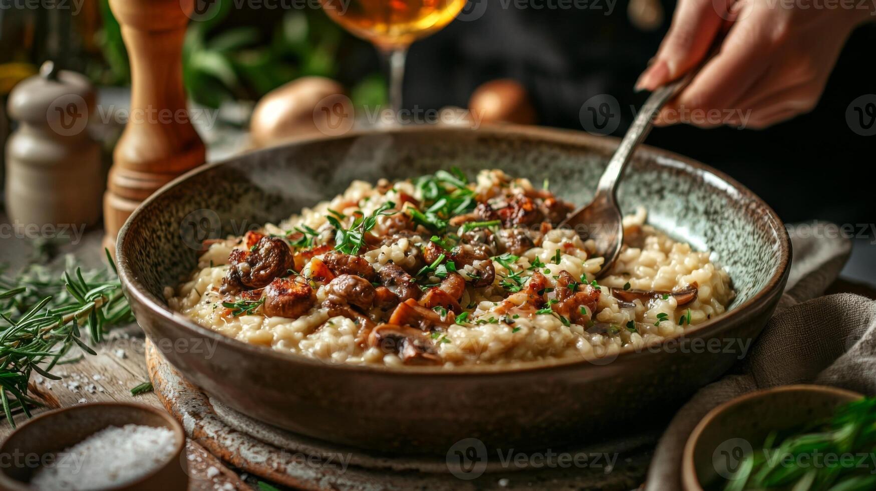 The chef prepares Risotto with mushrooms. Risotto with mushrooms is served in an elegant plate photo