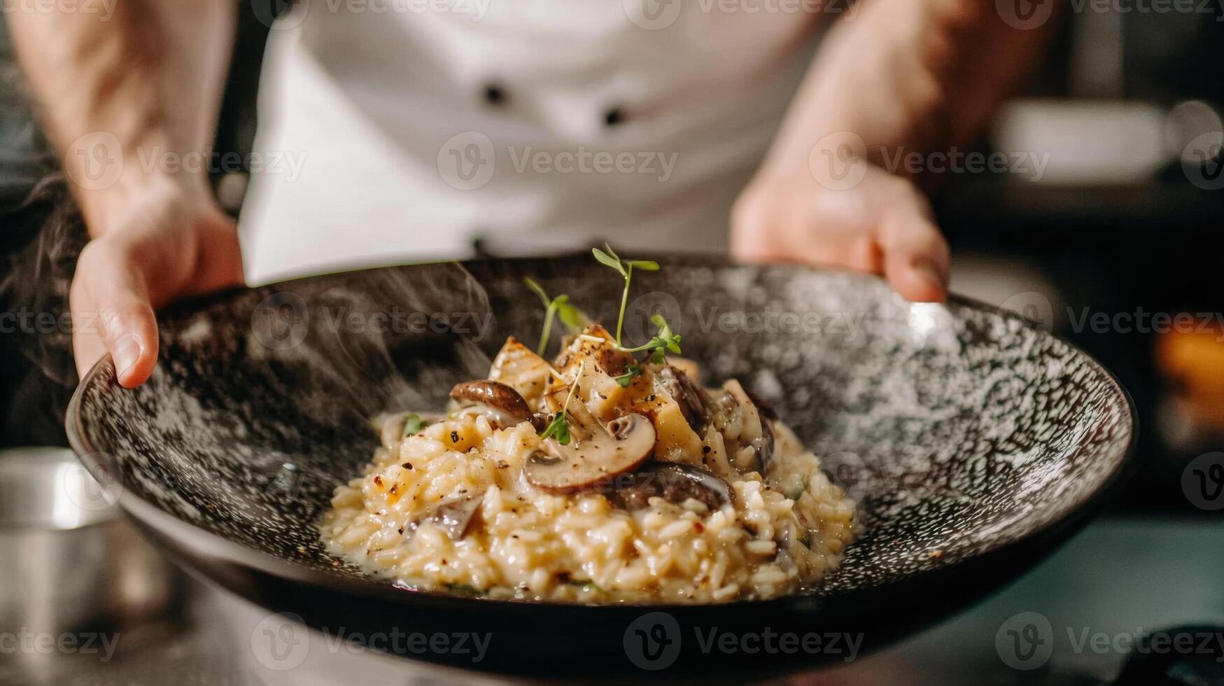 The chef prepares Risotto with mushrooms. Risotto with mushrooms is served in an elegant plate photo