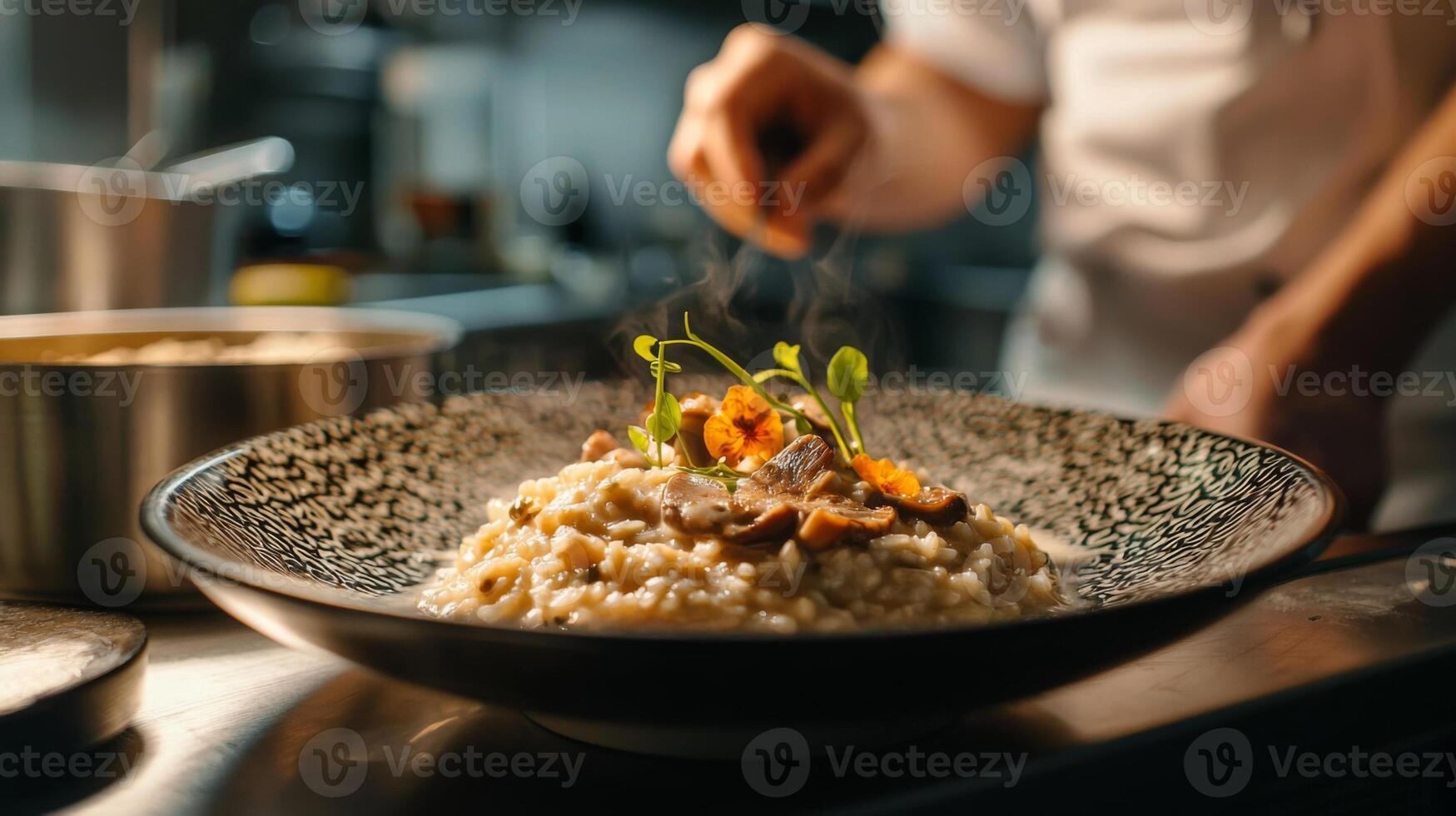 The chef prepares Risotto with mushrooms. Risotto with mushrooms is served in an elegant plate photo