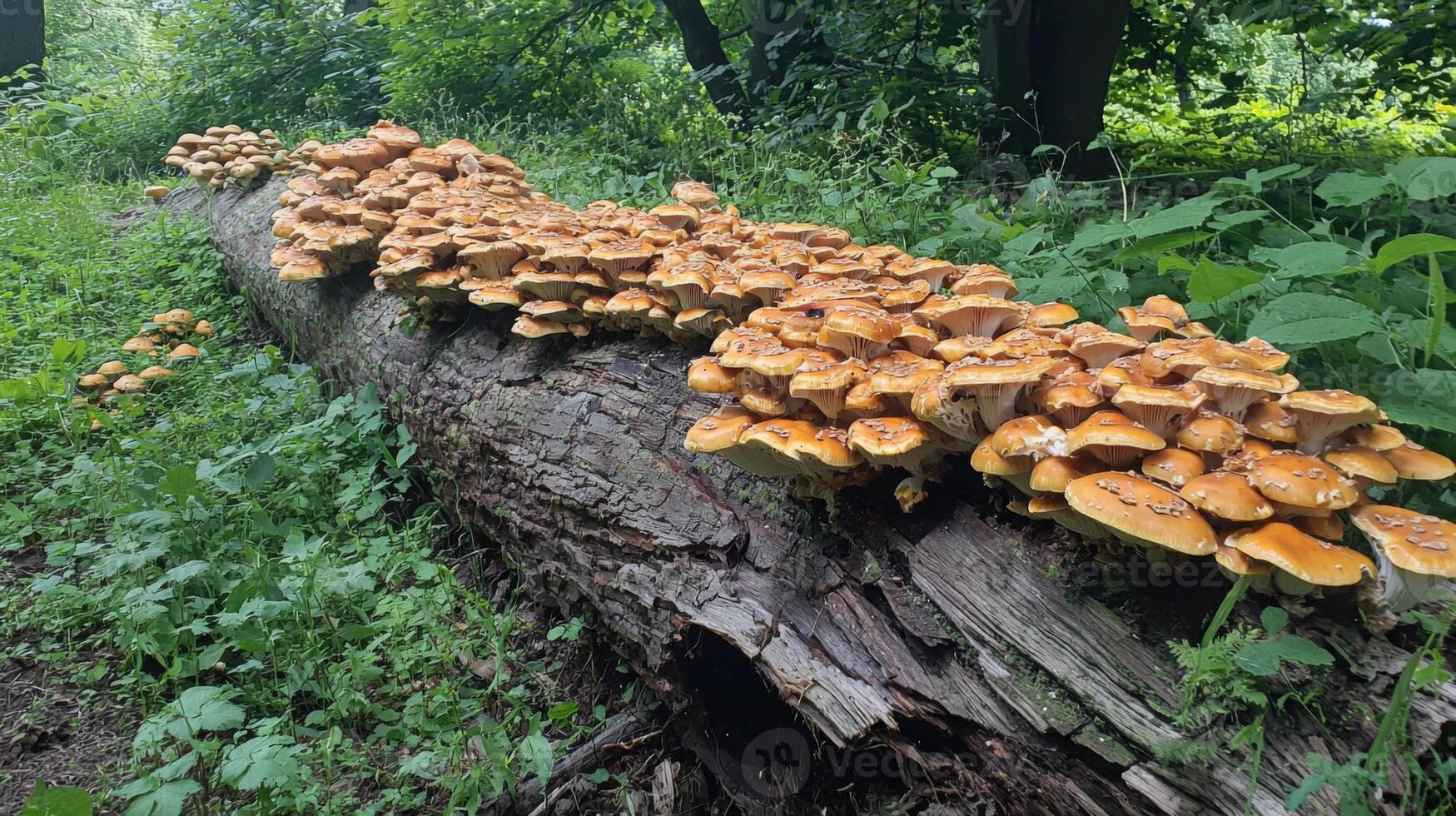A forest scene with mushrooms growing on a fallen log, surrounded by moss and leaves photo