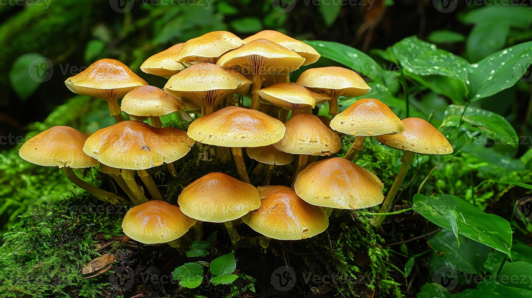 Mushrooms growing in a lush forest setting photo