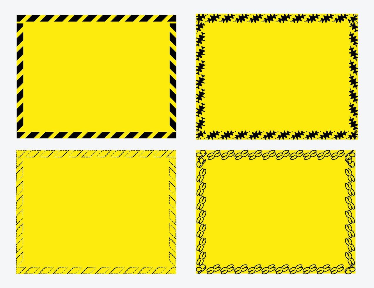 Bold Yellow Warning Frames with Black Hazard, Leaf, Dotted Lines, and Chain Patterns, Design for Safety Signage, Construction Signs, and Attention Grabbing Banners vector