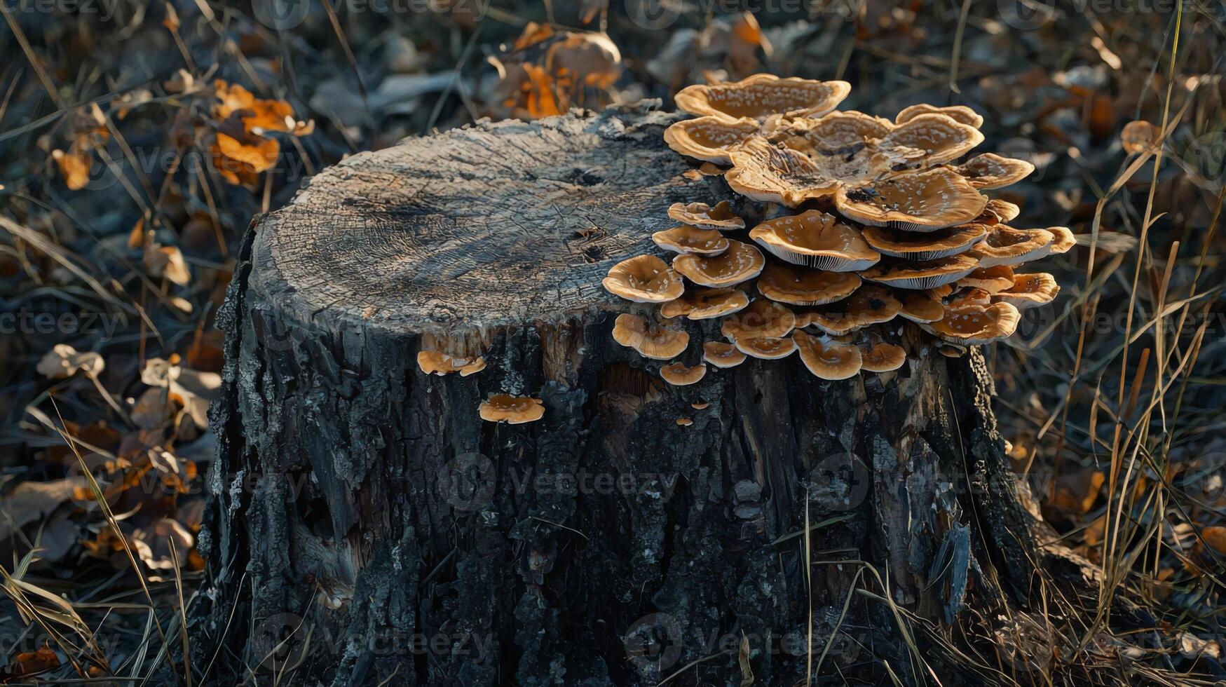 A forest scene with mushrooms growing on tree stump photo