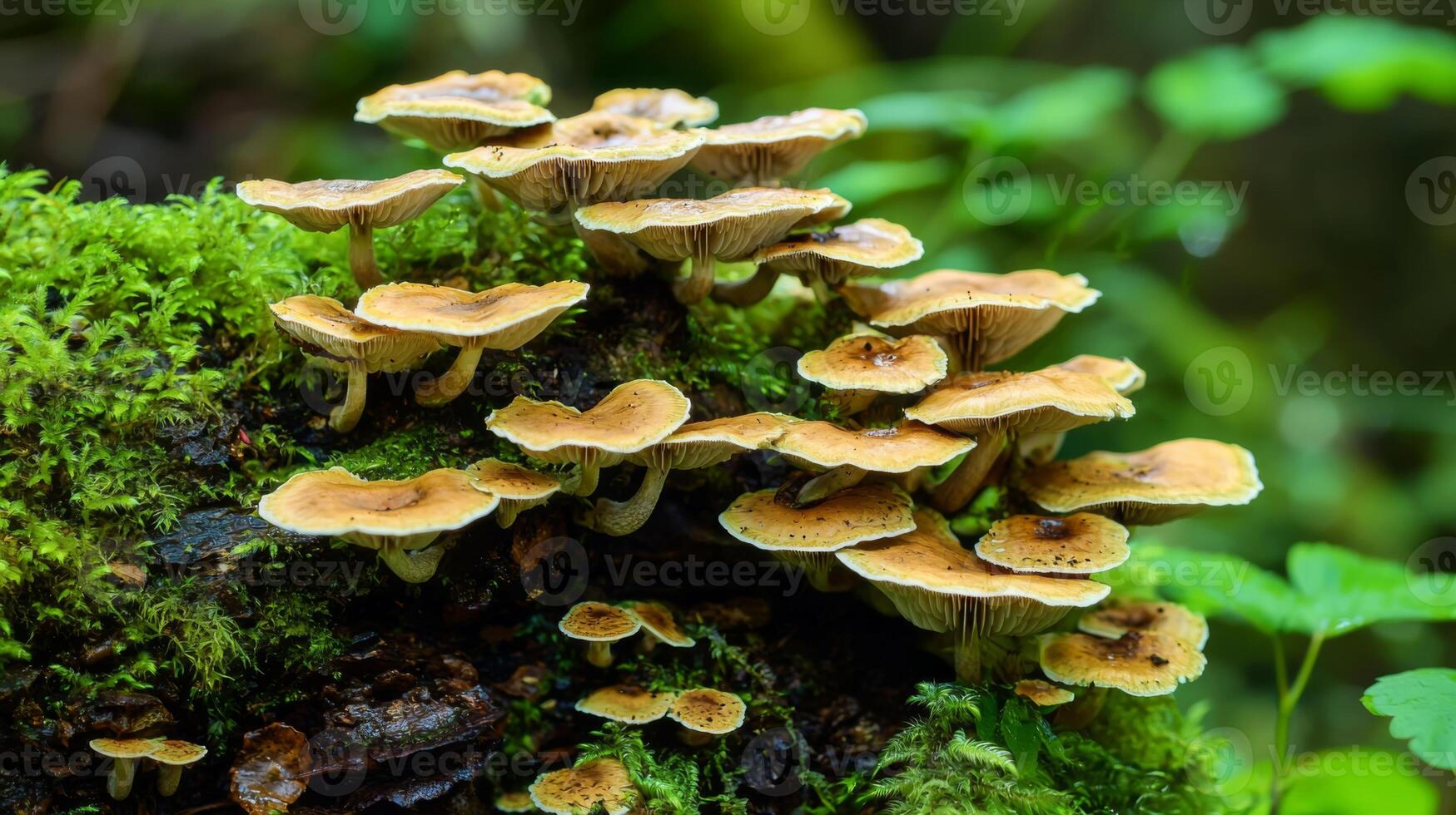 Mushrooms growing in a lush forest setting photo