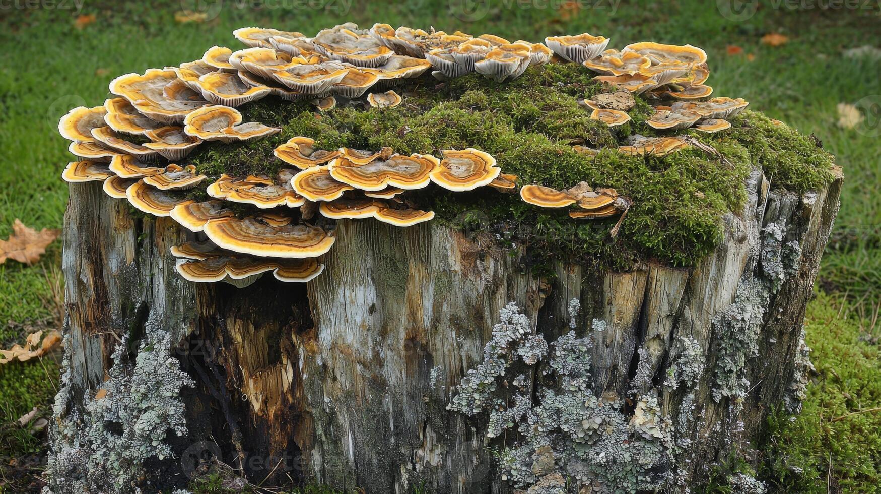 A forest scene with mushrooms growing on tree stump photo