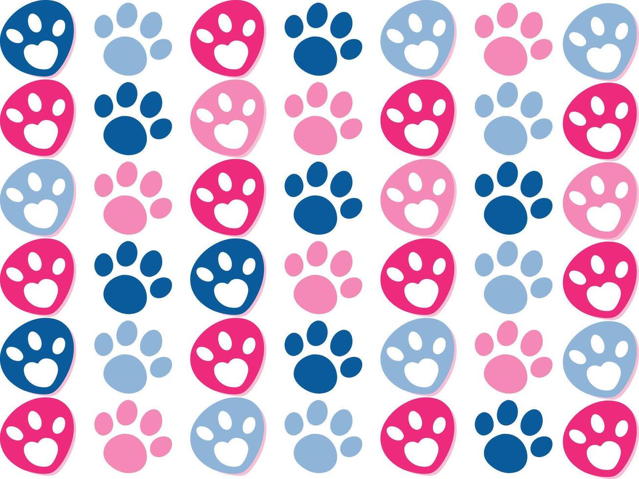 Cute Colorful Paw Print Pattern Clipart. Pink, Blue, and Navy Heart Paws Design for Pet Lovers, Animal Themed Digital Art, Scrapbooking, Stickers, Sublimation, and DIY Crafts vector