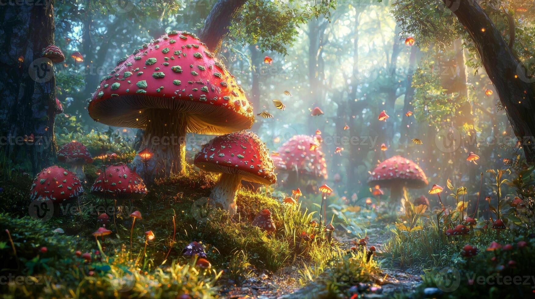 Mystical nature setting with giant mushrooms in enchanted forest. Mushrooms in fairy-tale setting photo