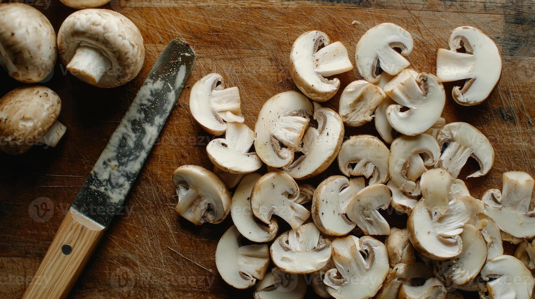 Sliced mushrooms ready for cooking on a cutting board photo