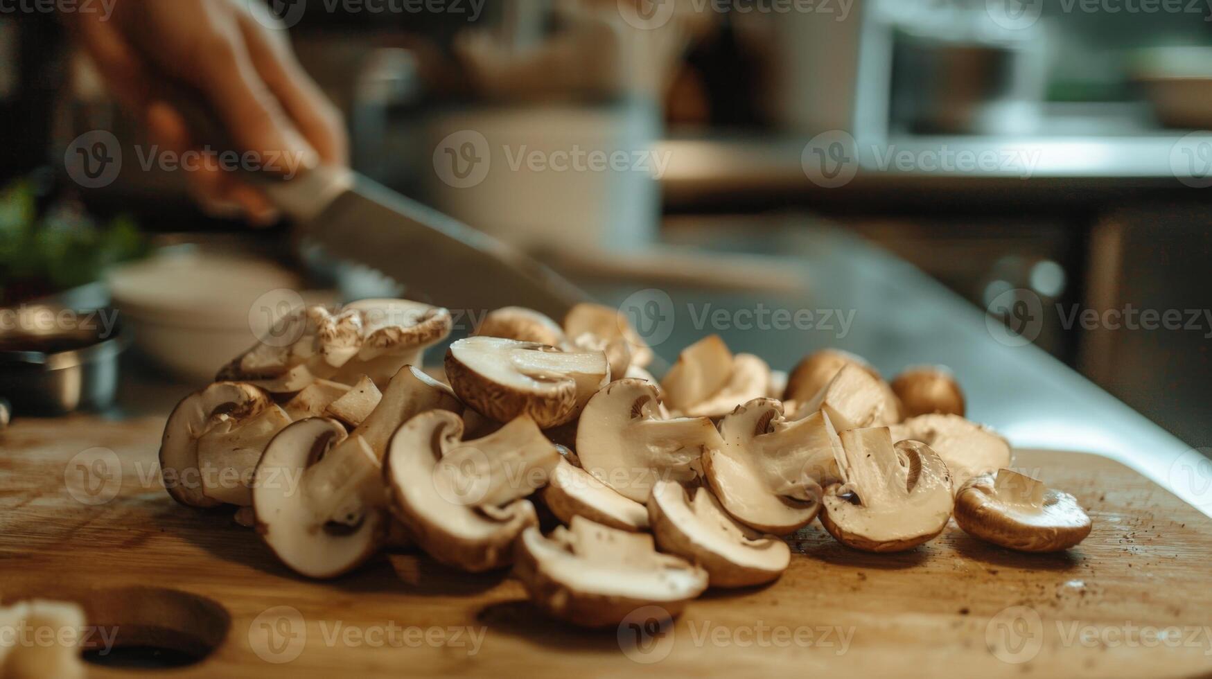 Sliced mushrooms ready for cooking on a cutting board photo