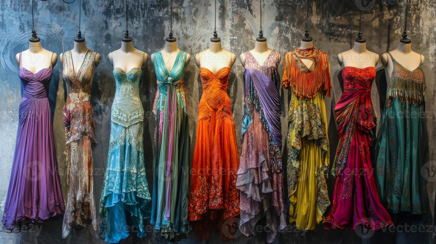 Bohemian-style dresses draping elegantly on mannequins. Nostalgic medieval setting photo