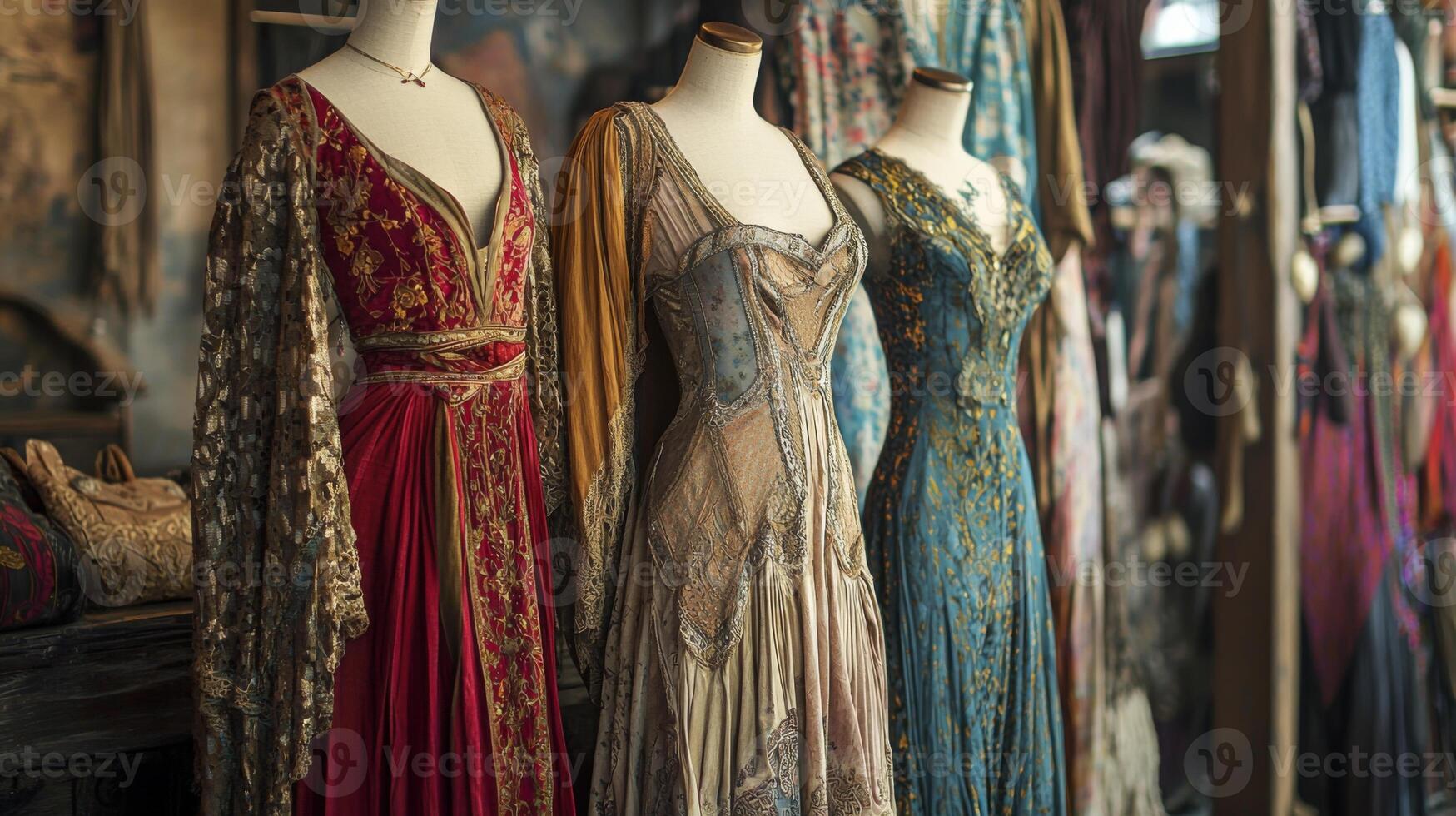Bohemian-style dresses draping elegantly on mannequins. Nostalgic medieval setting photo