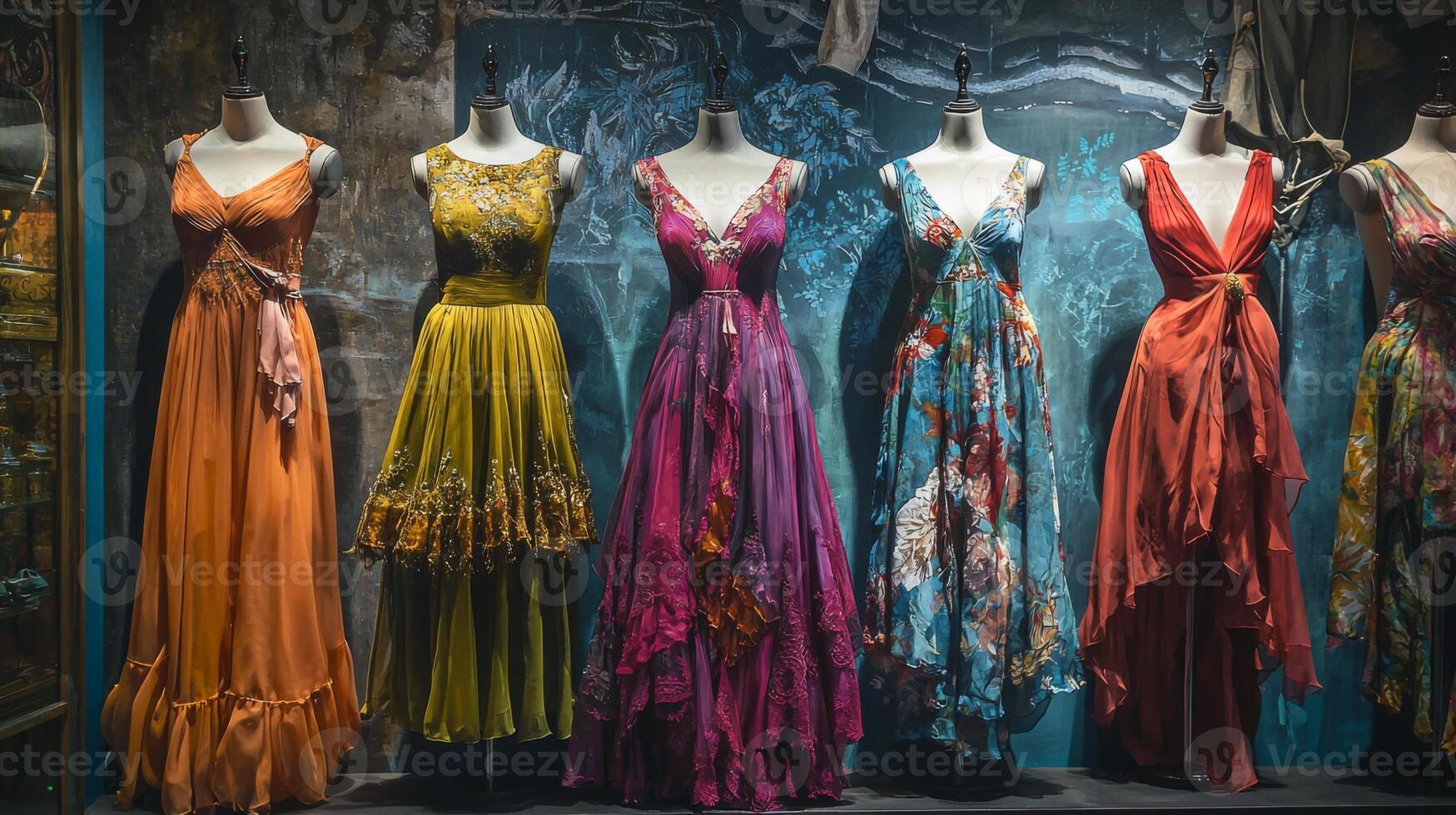 Bohemian-style dresses draping elegantly on mannequins. Nostalgic medieval setting photo