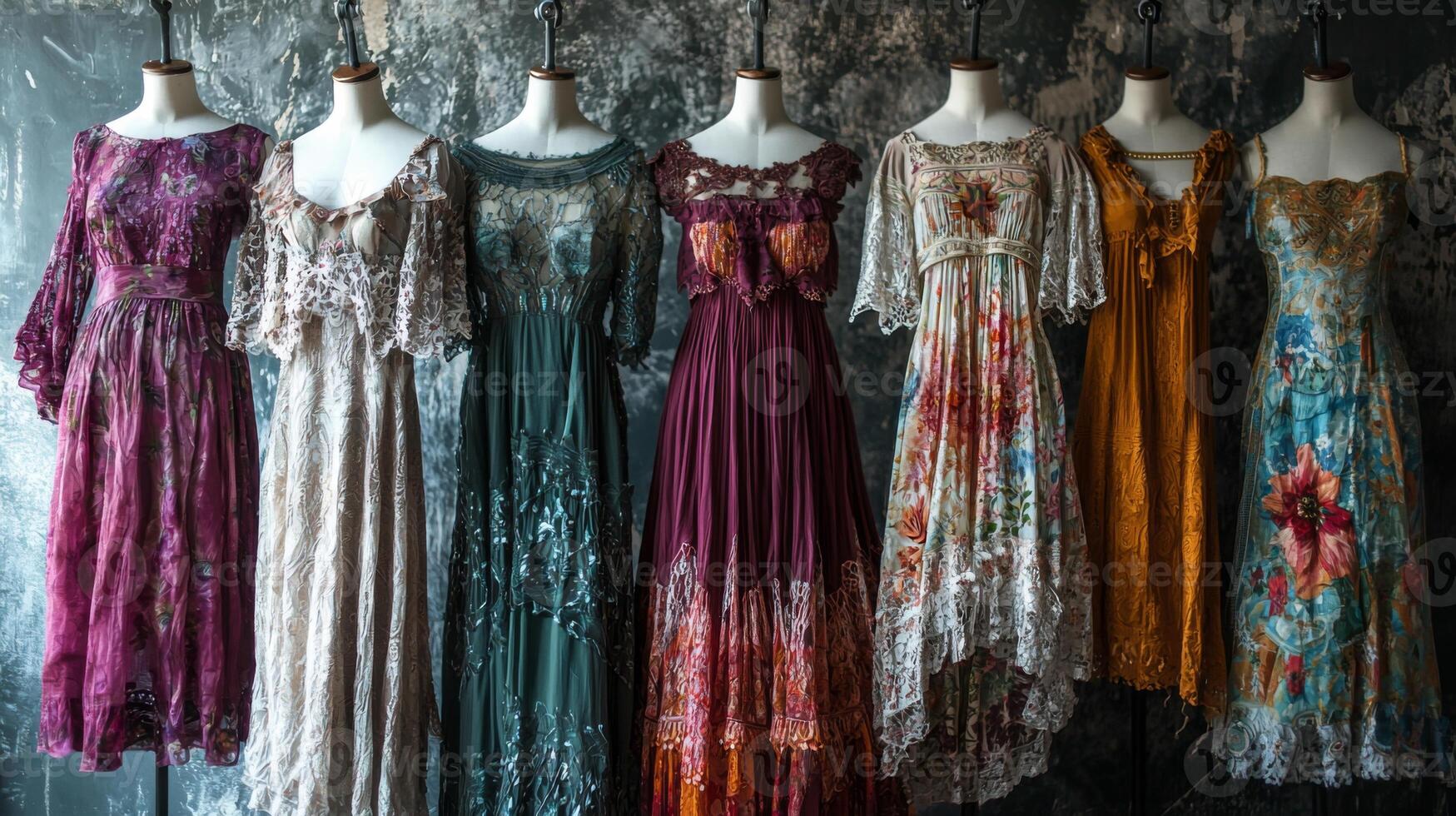 Bohemian-style dresses draping elegantly on mannequins. Nostalgic medieval setting photo
