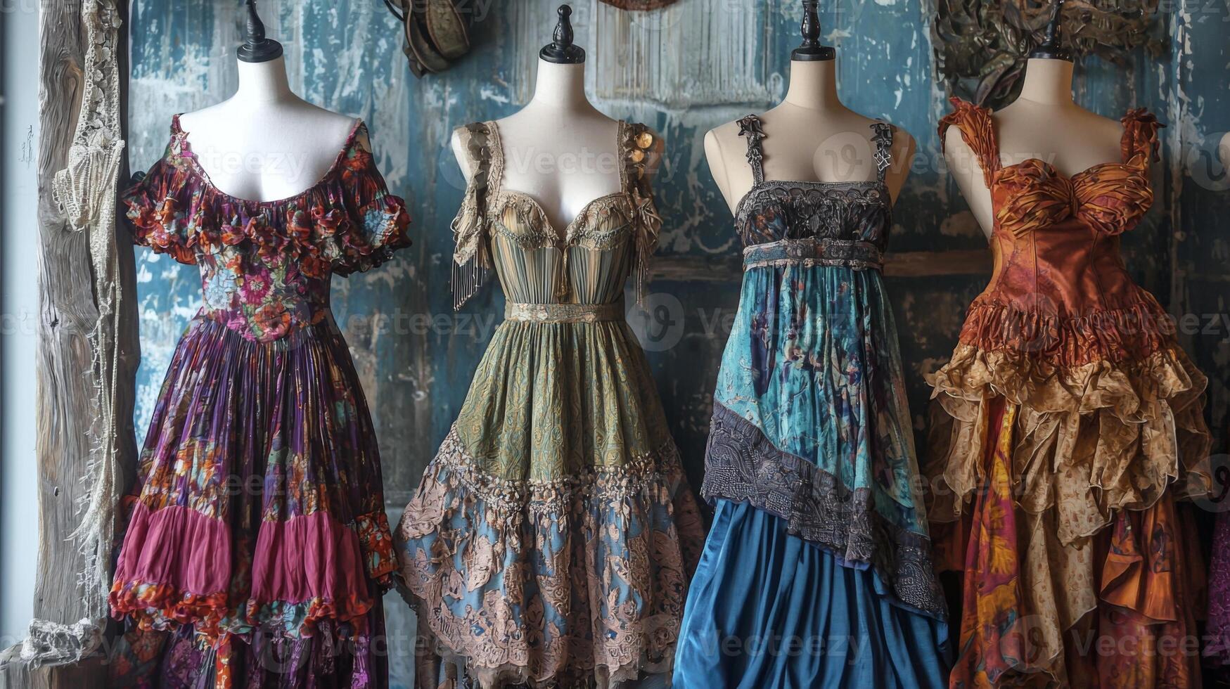 Bohemian-style dresses draping elegantly on mannequins. Nostalgic medieval setting photo