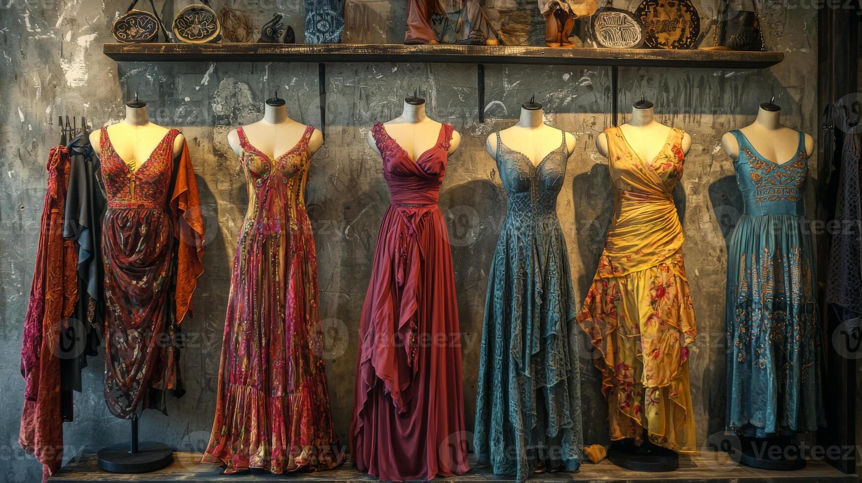 Bohemian-style dresses draping elegantly on mannequins. Nostalgic medieval setting photo