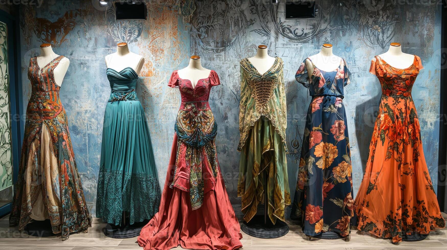 Bohemian-style dresses draping elegantly on mannequins. Nostalgic medieval setting photo
