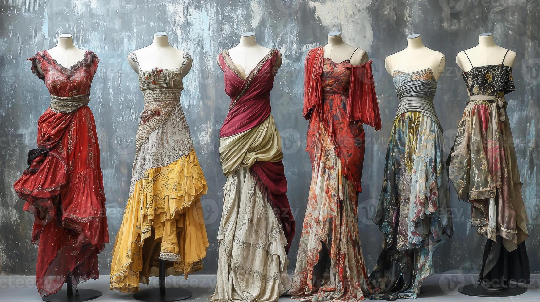 Bohemian-style dresses draping elegantly on mannequins. Nostalgic medieval setting photo