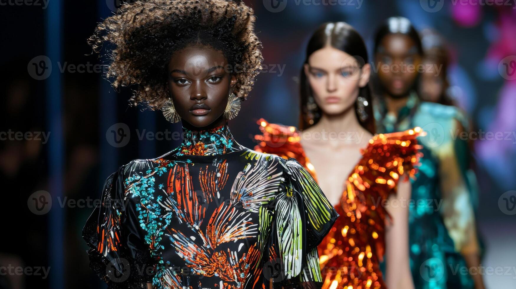 Fashion models showcasing seasonal trends on the runway. Beautiful stylish models photo