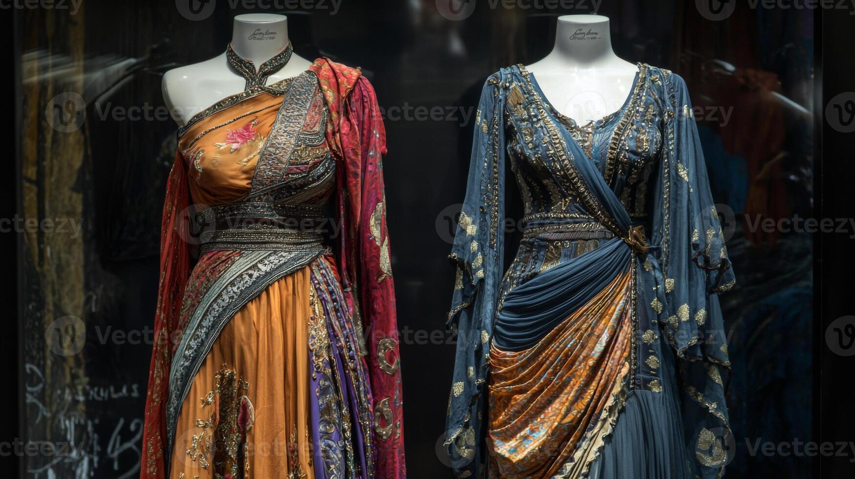Bohemian-style dresses draping elegantly on mannequins. Nostalgic medieval setting photo