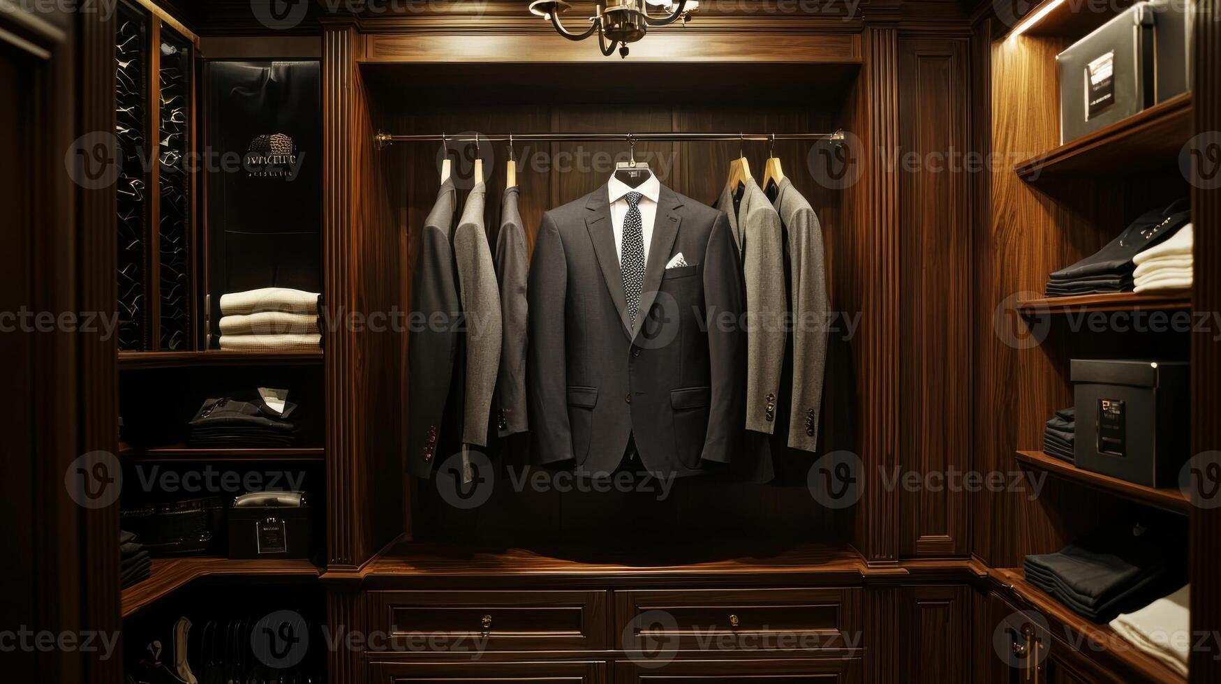 Fashionable men suits hanging in a retail clothing store. Luxury male wardrobe photo
