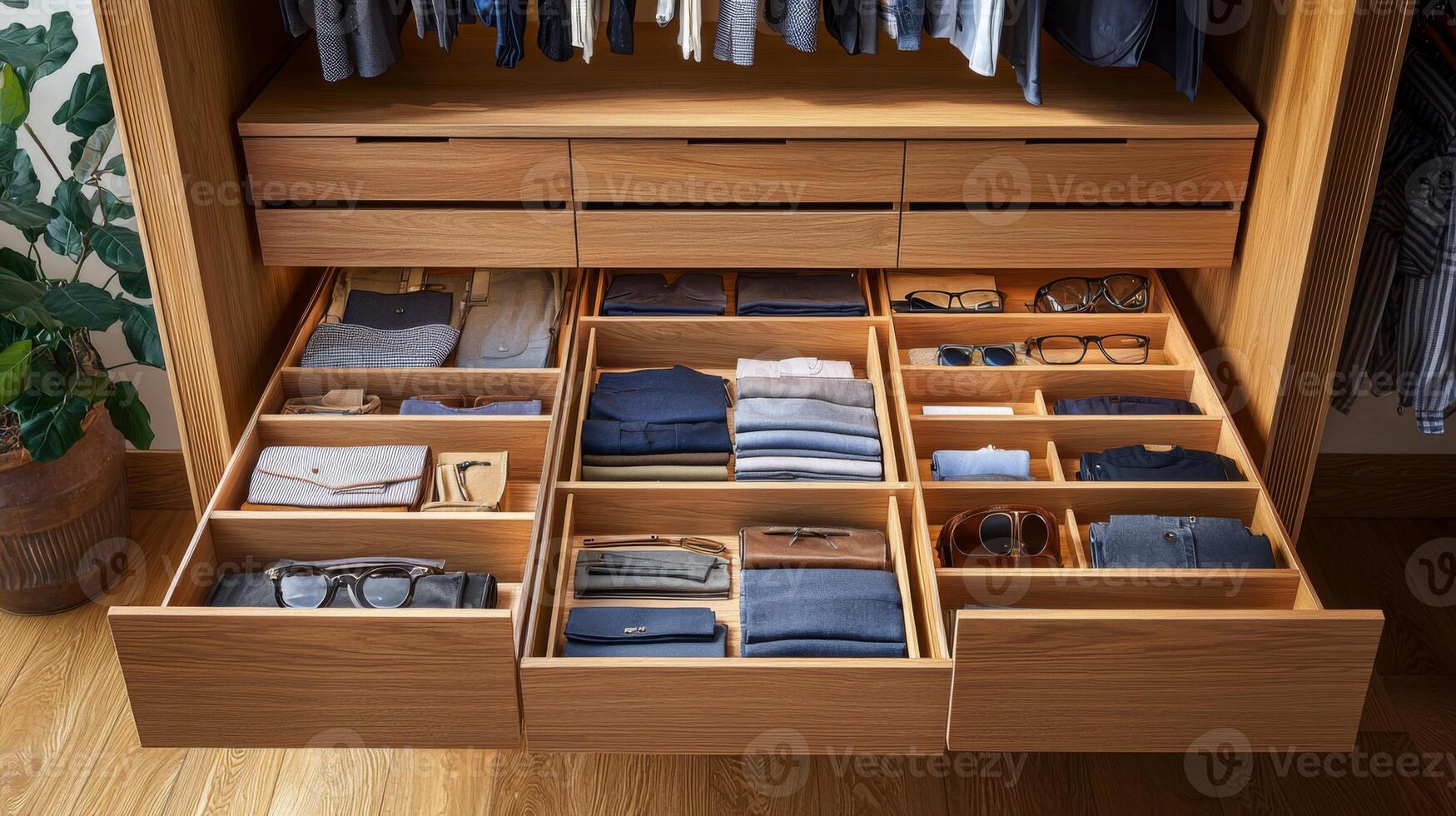 Folded clothes with accessories in chest of drawers, concept beautiful and comfortable organization photo