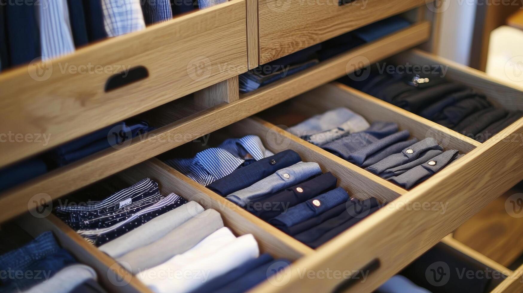 Folded clothes with accessories in chest of drawers, concept beautiful and comfortable organization photo