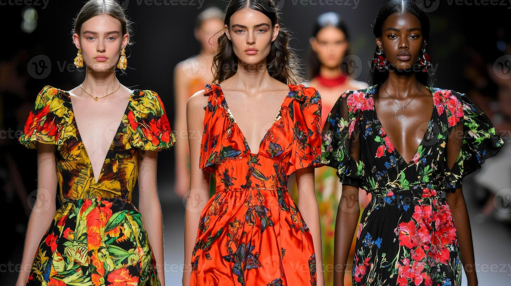 Fashion models showcasing seasonal trends on the runway. Beautiful stylish models photo
