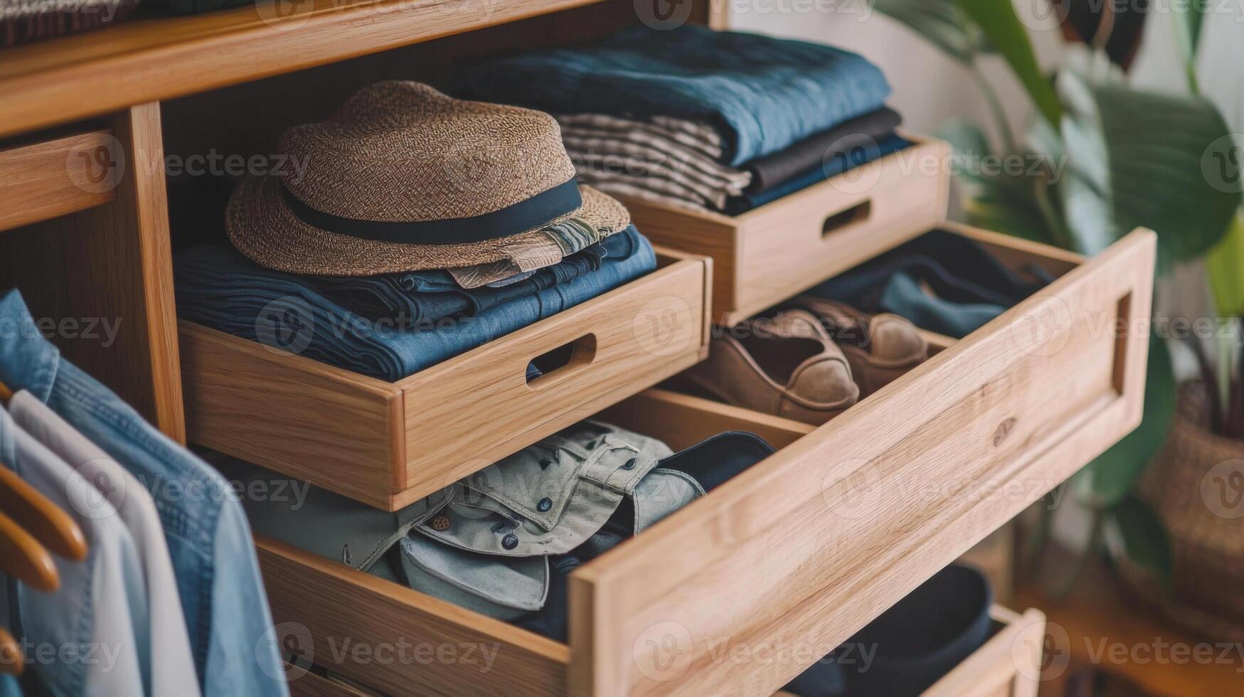 Folded clothes with accessories in chest of drawers, concept beautiful and comfortable organization photo