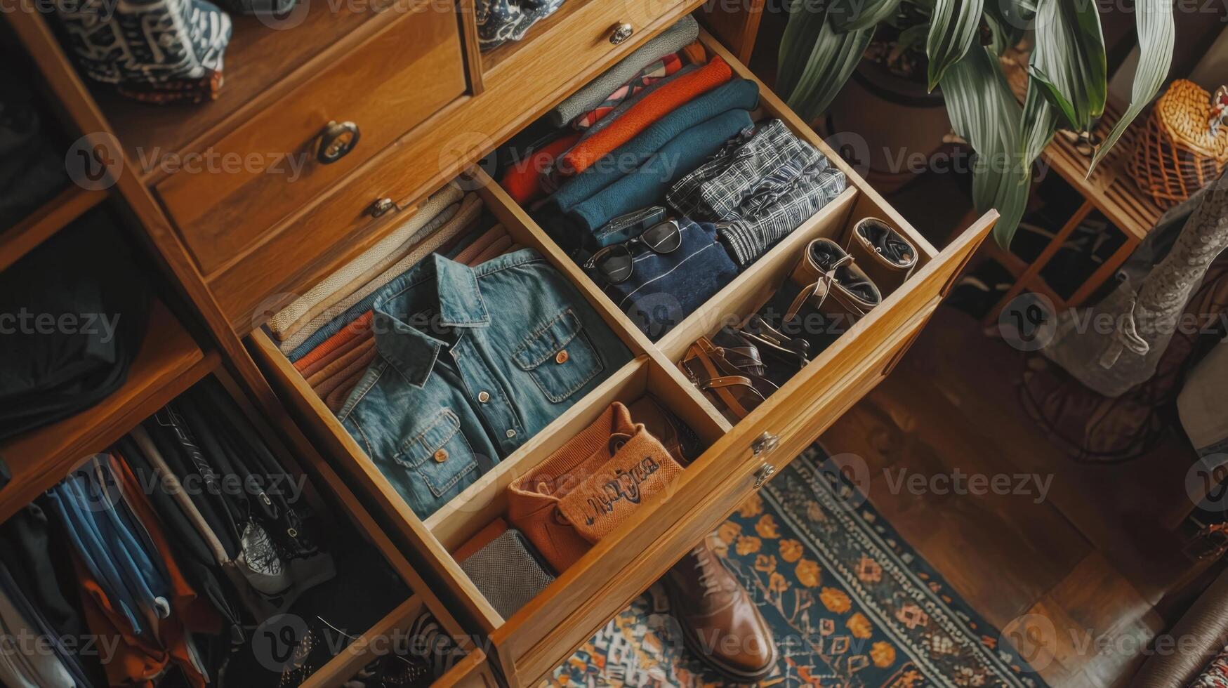 Folded clothes with accessories in chest of drawers, concept beautiful and comfortable organization photo