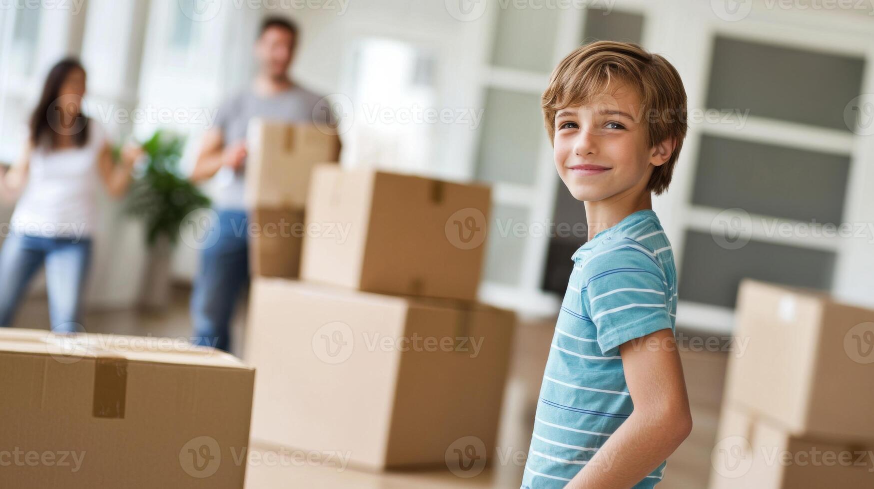 Family moving boxes into their new home. Son and parents carrying boxes into their house photo