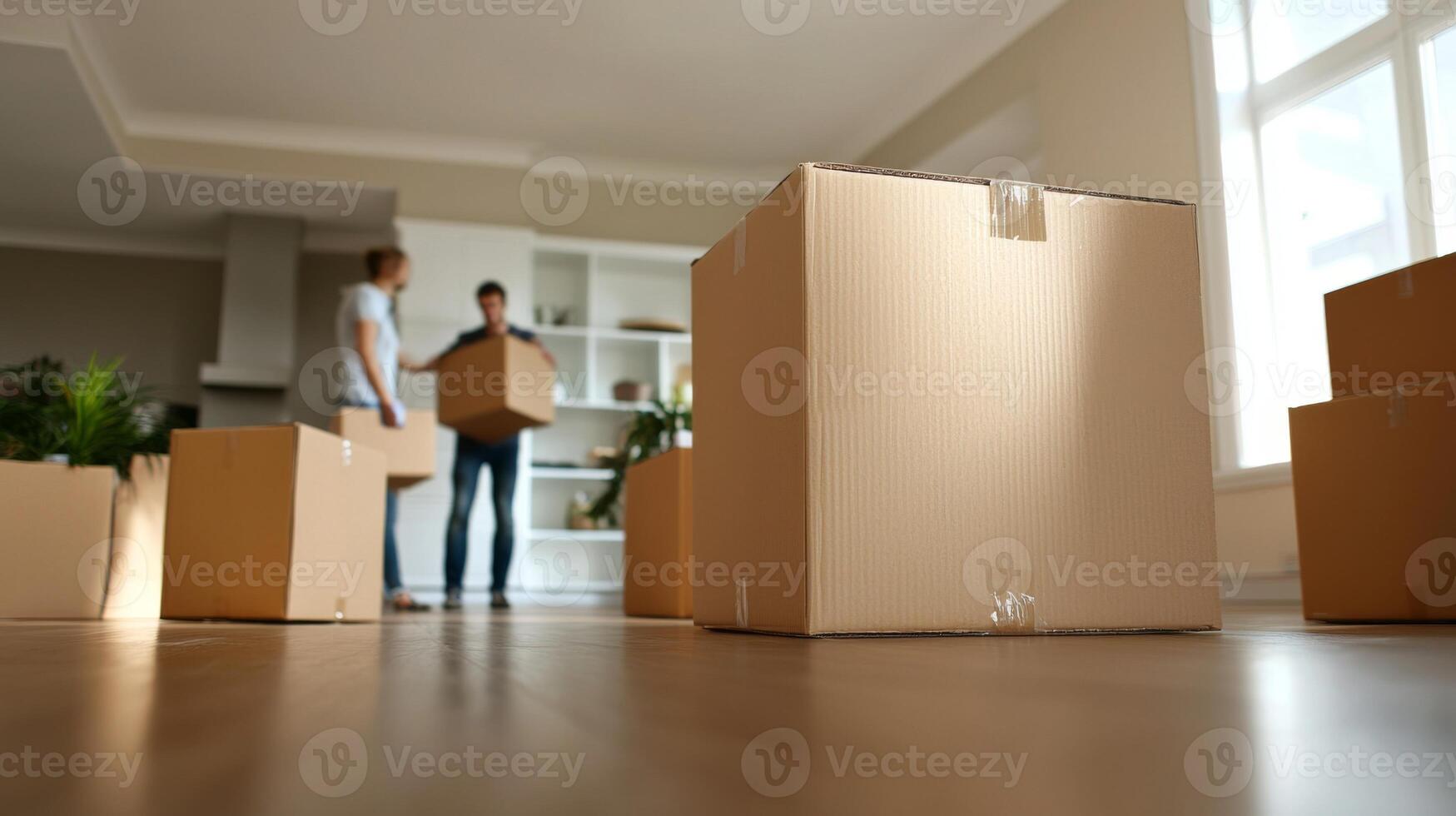 Family moving boxes into their new home. People carrying boxes into their house photo