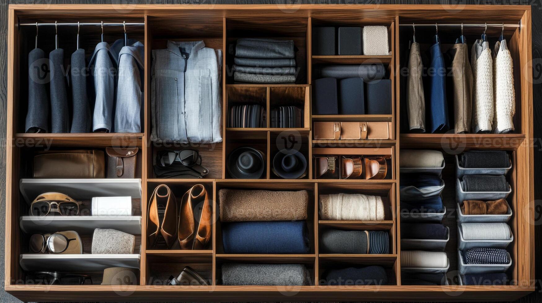 Capsule wardrobe showcase. Well organized wardrobe essential clothing items high-definition clarity photo