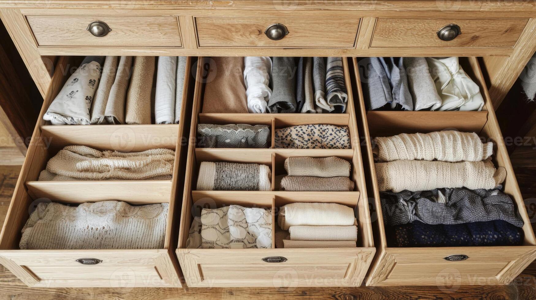 Folded clothes with accessories in chest of drawers, concept beautiful and comfortable organization photo