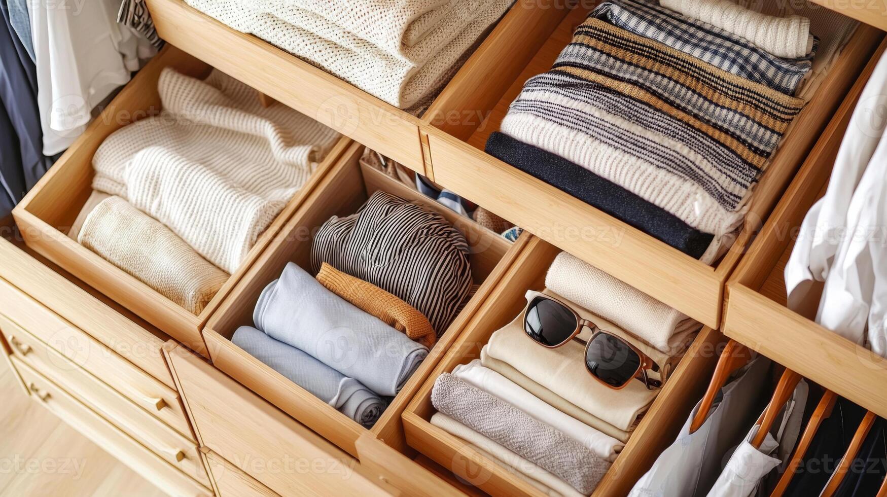 Folded clothes with accessories in chest of drawers, concept beautiful and comfortable organization photo