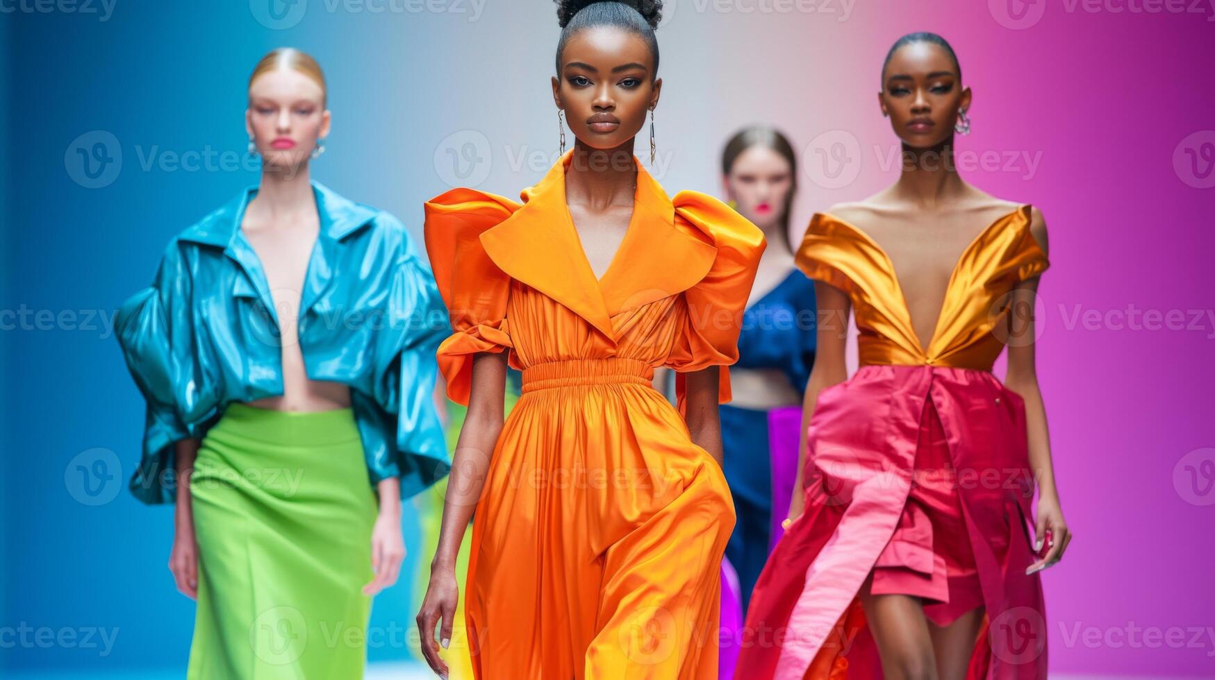 Fashion models showcasing seasonal trends on the runway. Beautiful stylish models photo