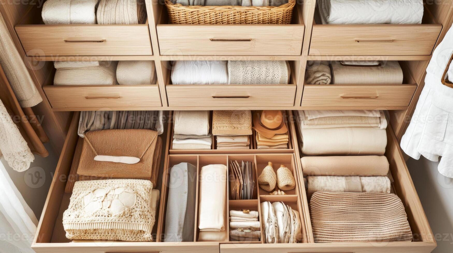 Folded clothes with accessories in chest of drawers, concept beautiful and comfortable organization photo