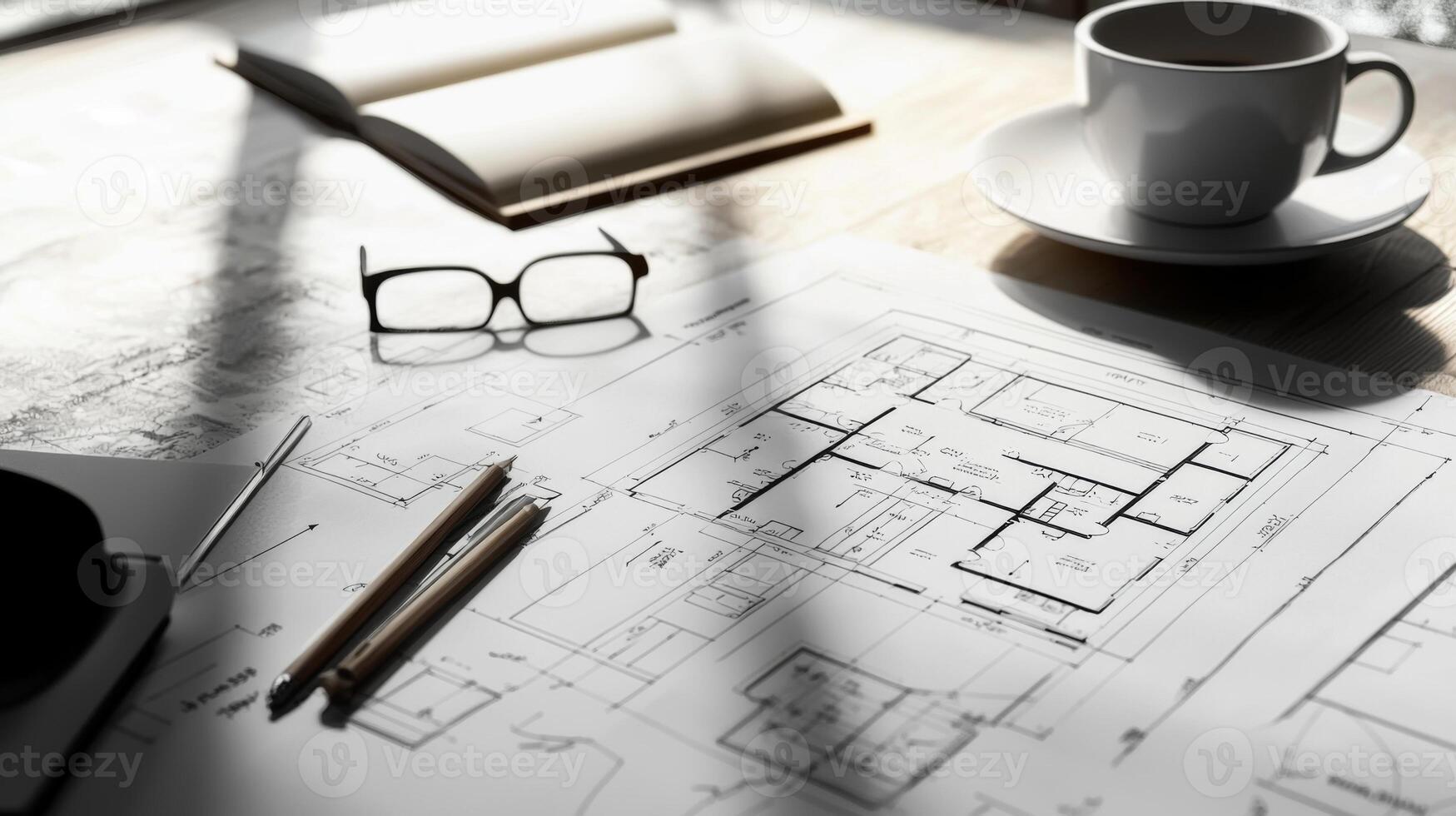 Architectural blueprint floor plans displayed on a table for property development and construction photo