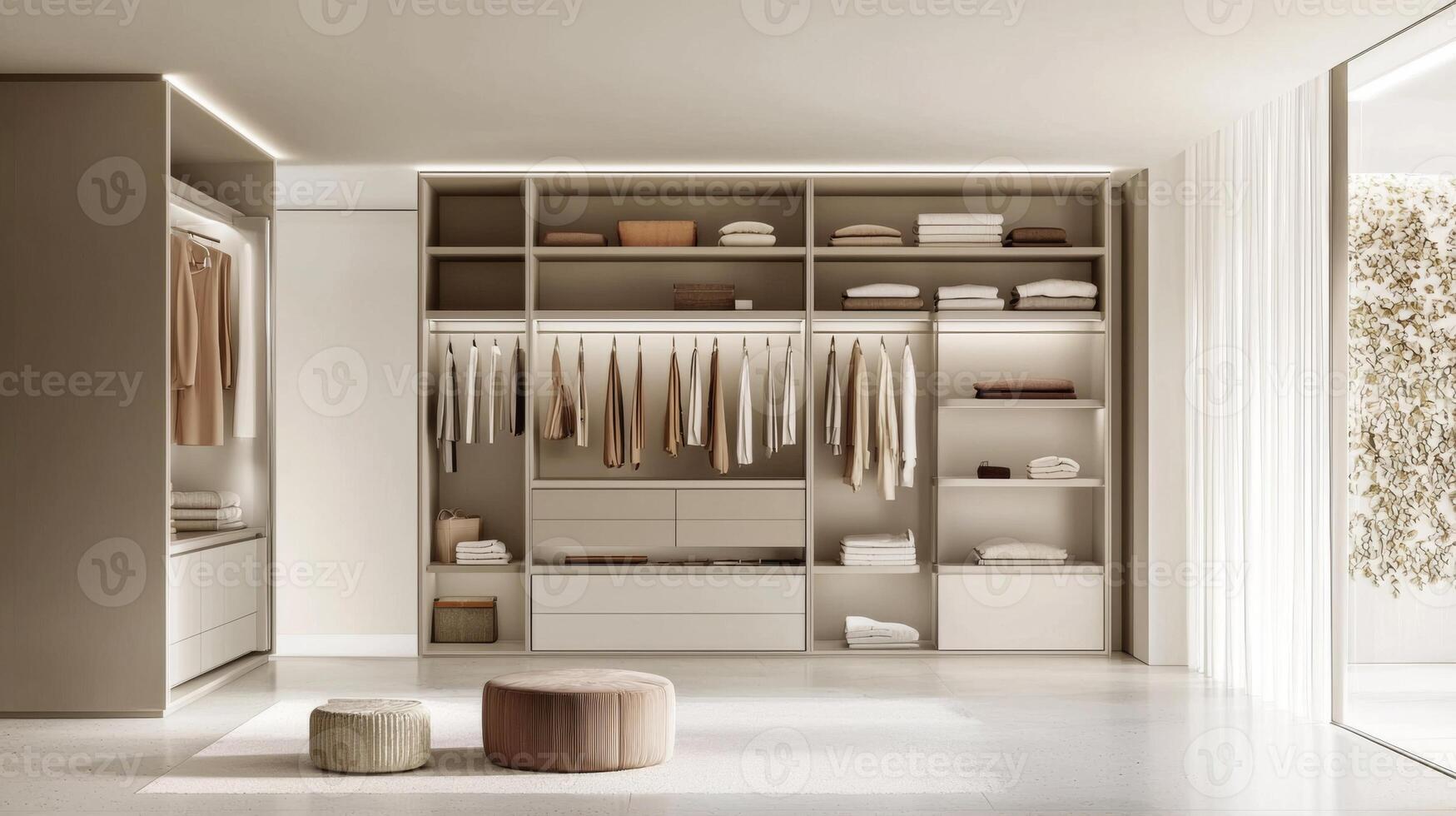 Minimalist wardrobe with neutral color palettes. Decluttered lifestyle concept photo