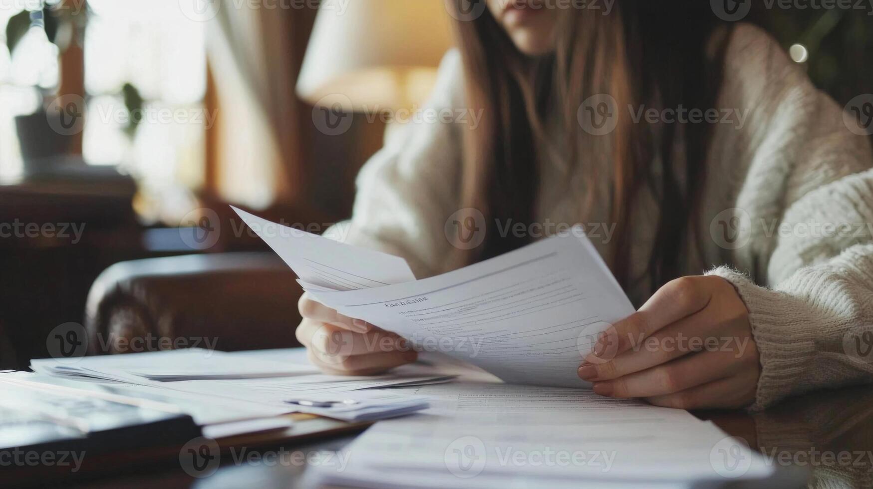 First-time buyer reviewing contracts and paperwork photo